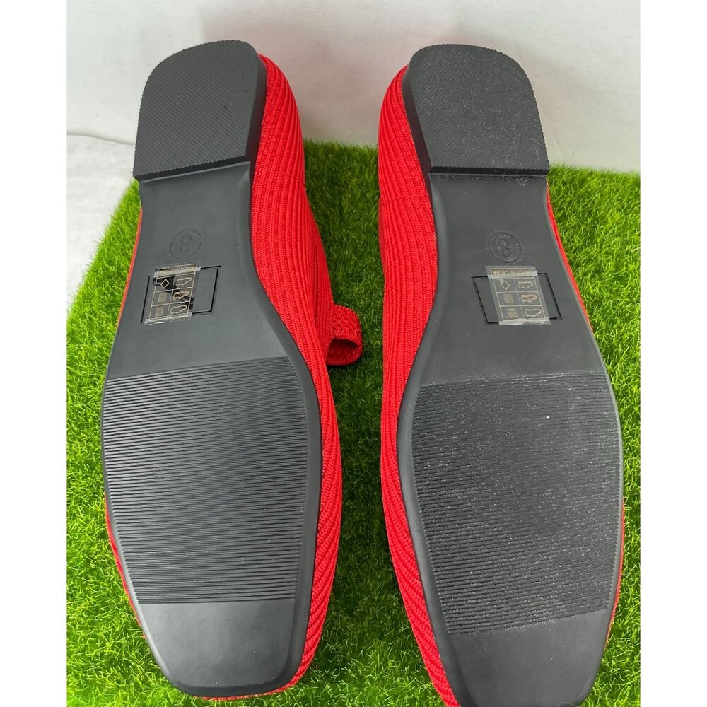 Red Mary Jane Style Knit Flats With Adjustable Buckle Strap - Picture 8 of 9